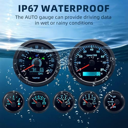 MH 7 Boat Gauge Set - 3-3/8" GPS Speedometer, Tachometer, 2-1/16" Oil Pressure Gauge,Fuel Level,Water Temperature,Voltmeter,Trim Marine Meter Kit Waterproof 7 Color for AUTO (Black) - color: Black