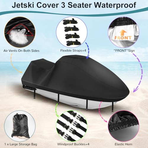 Jet Ski Cover 420D Waterproof for Yamaha Sea-Doo, 121"-135" 3 Seater PWC - color: Black-420-D, size: 2XL-121"-135"