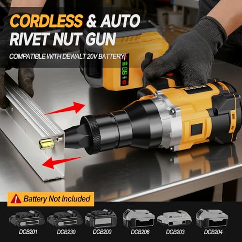 Cordless Rivet Nut Gun Compatible with Dewalt 20V Max Battery (Tool Only), Electric Rivet Nut Tool with 1/4", 5/16", 3/8", M6, M8, M10 Nut Head, Battery Powered Rivetnut Tool, Auto Mode & Memory Mode - color: Yellow