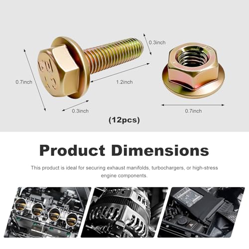 10 PCS Exhaust Manifold Bolts, M8×1.25×30mm Hexagon Head Flange Bolts and Nuts Kit with Coarse Thread, Zinc Plated Alloy Steel Flange Hex Drive Screws for Most Vehicles