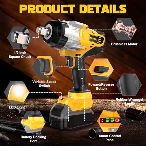 NATBEESY Cordless Impact Wrench Compatible with DeWalt 20V Battery: 1/2 Inch Hog Ring Impact Driver - High Torque - 2300N.m/1700Ft-lbs Cordless Impact Gun - Brushless Motor with LED Light - Tool Only - style: 2300N.M