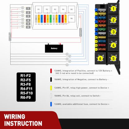 Nilight 12V Fuse Relay Box 6 Relays 4pin 40A 11 Fuses Pre-Wired Block Kit - color: Pre-Wired Box 6 Relay 11 Fuse