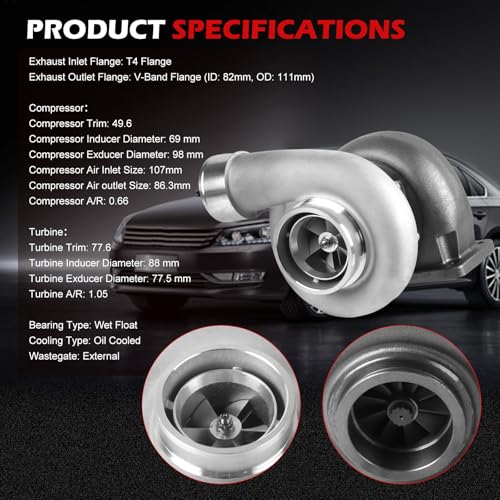 Universal Turbo Turbocharger Compatible with GT45 T4, Turbo Charger Kit 0.66 A/R 600+HP Boost for 4.0L-6.0L Engine with Flange