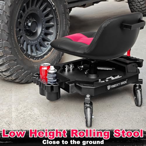 Rolling Stool with Wheels, Adjustable Height Pneumatic Garage Work Mechanic Stool Seat with Backrest, 400 LBS Capacity 360° Swivel Mechanic Crepper Chair with Tool Tray Storage, Pink - color: Pink