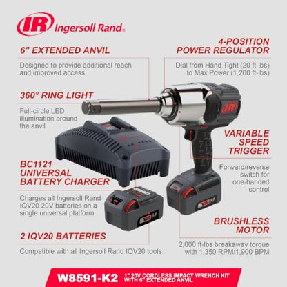Ingersoll Rand W8591-K2 1" Cordless Impact Wrench and IQV20 Battery Kit - size: 1", style: 6" Ext. Anvil-Tool Only