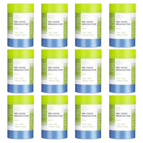 Tangibay Pre-Taped Masking Film for Painting - 22" x 66' Painters Plastic Sheeting with Automotive Paint Tape and Drape for Covering Cars, Walls, Windows and Furniture Protection (12 Rolls) - size: 12 Rolls: 22"