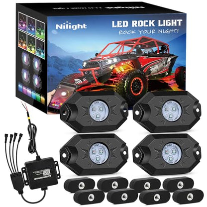 Nilight RGB LED Rock Lights Kit 4PCS Bluetooth App Control Multicolor - color: RGB 3LED w/Magnetic base, size: 4 Pods