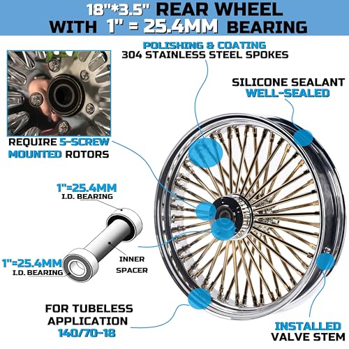 FatFlex 18" Rear Wheel Golden Fat Spokes Chrome 3.5" Rim - color: 18" x 3.5", Chrome+Gold+Chrome