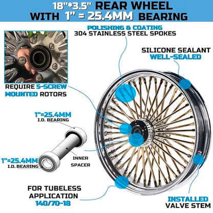 FatFlex 18" Rear Wheel Golden Fat Spokes Chrome 3.5" Rim - color: 18" x 3.5", Chrome+Gold+Chrome