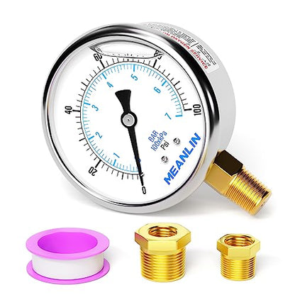 MEANLIN MEASURE 0~100Psi Stainless Steel 1/4" NPT 2.5" FACE DIAL Liquid Filled Pressure Gauge WOG Water Oil Air Lower Mount, with 1/2" NPT and 3/8" NPT Hex Bushing - size: 0-100Psi
