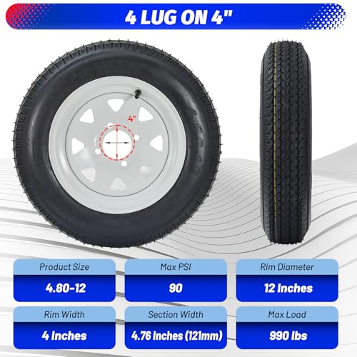 4.80-12 4.80x12 480-12 4.80-12 Trailer Tires with 12 in Rims, 4 Lug on 4 in, Load Range C, 6PR (480-12 with 4lug) - size: 4.80-12, style: 4 lug on 4"