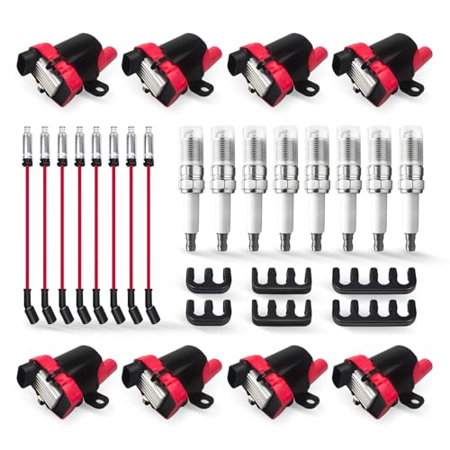 8 Pack UF262 Round Ignition Coil Set with Iridium Spark Plugs and 8mm Wires for Chevy Silverado Express GMC Sierra Savana Yukon Tahoe 1500 2500 3500 4.8L 5.3L 6.0L V8 Engine Tune Up Kit Red - color: Red, size: UF262 + 748UU + 41-962