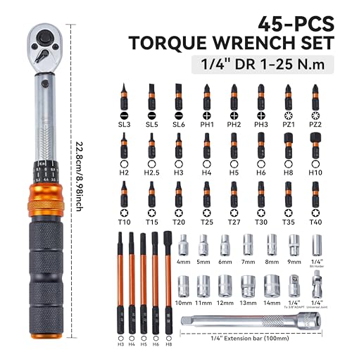 Bike Torque Wrench Set with Bits & Sockets, 1-25 Nm, 45-Piece Kit - size: 45-Piece