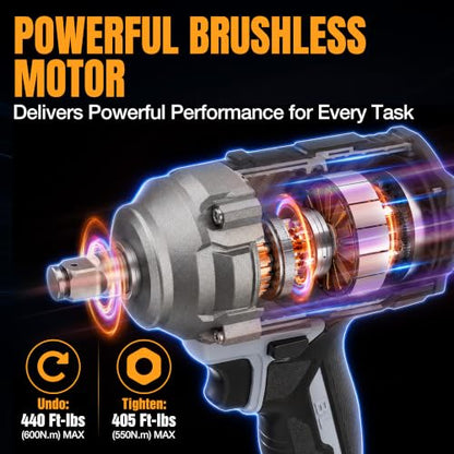 WORKPROX 20V Brushless Cordless Impact Wrench, 440 ft-Ibs 1/2 Impact Gun