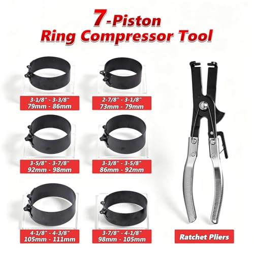 Engines Piston Ring Compressor Tool with Ratchet Pliers & 6 Piston Rings