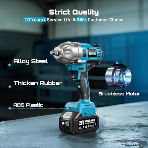 SEESII Impact Wrench 886 FT-LBS(1200N.m)1/2 Impact Gun with 2x4.0Ah Battery - color: 665 Ft-lbs / 1x4.0ah Battery