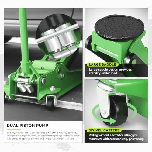 PM PERFORMOTOR Low Profile Hydraulic Trolley Service/Floor Jack, 4 Ton (8000 lbs) Capacity, Lifting Range 4.5"-20", Green,PM-TOL-FJ40-GR - color: Green