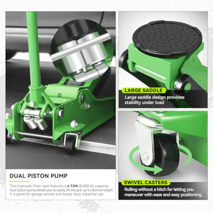 PM PERFORMOTOR Low Profile Hydraulic Trolley Service/Floor Jack, 4 Ton (8000 lbs) Capacity, Lifting Range 4.5"-20", Green,PM-TOL-FJ40-GR - color: Green