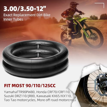 (2 Pack) AR-PRO 3.00/3.50-12" Exact Replacement Dirt Bike Inner Tubes with TR87 Bent Valve Stem - Highly Compatible with Honda CRF50/XR70, Kawasaki KLX 110, and Yamaha TTR90/TTR110 - size: 3.00/3.50-12", TR-87 Valve