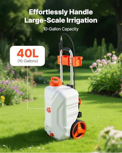 VEVOR Battery-Powered Sprayer with Wheeled Cart, 10 Gallons Electric Weed Sprayer, Adjustable 0-80 PSI, Yard Lawn Sprayers with Wheels, 5 Nozzles & 98ft Hose, 3-6H Spray Time, for Weeding, Cleaning - size: 10 Gal