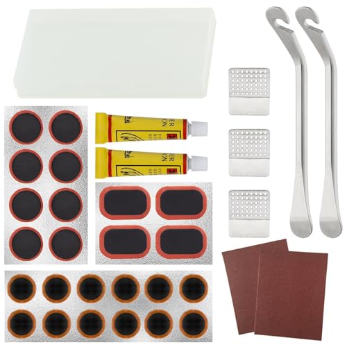 Bike Inner Tire Patch Repair Kit, with 24 PCS Vulcanizing Patches, Portable Storage Box, Metal Rasp and 2 Premium Metal Tire Levers - Also for Road Mountain Bicycle Travel