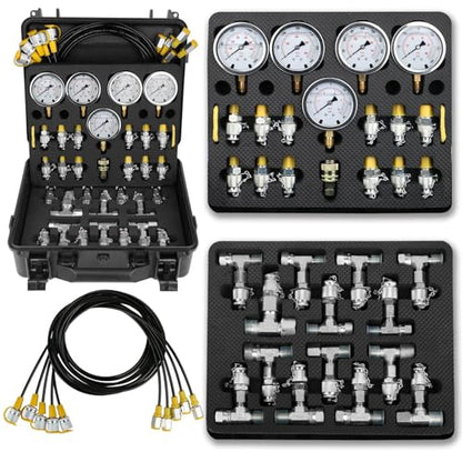 Hydraulic Pressure Test Kit, 5 Gauges 10/100/250/400/600bar, 13 Test Couplings & 14 Tees, Hydraulic Test Kit Compatible with CAT, John Deere, Komatsu, Hitachi, Kobelco Excavators & Loaders - style: 5 Gauges 13 Couplings