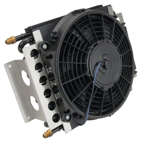 Fluid Cooler and Fan, 15-3/4 x 11-1/2 x 5 in, Tube Type, 6 AN Male Inlet/Outlet, Fittings, Aluminum/Copper, Black Powder Coat, Universal, Each