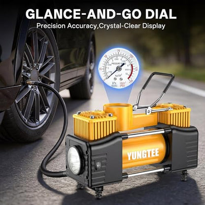 YUNGTEE Portable Tire Inflator, 12V 150 PSI Dual-Cylinder Air Compressor - color: Yellow