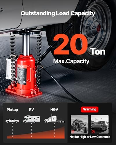 VEVOR Air Hydraulic Bottle Jack, 20 Ton (44092 lbs) Capacity, 10.2-19.5 Inch Lifting Range, Pneumatic/Manual Heavy Duty Welded Bottle Jack with Pump for Car, SUV, Pickup, Truck, RV, Auto Repair - color: red
