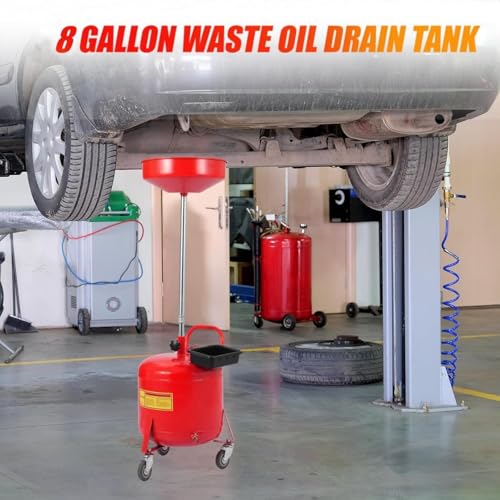 Garvee 8 Gallon Waste Oil Drain Tank, Portable Oil Drain Container, Air Operated Drainer, Fluid Fuel Transfer Drainage, Adjustable Funnel Height with Wheel &15'' Premium Bowl and a Toolbox - size: 8 Gallon-Red