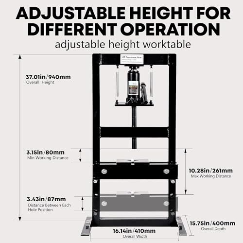 6 Ton H-Frame Hydraulic Shop Press, Adjustable Table & Press Plates Black - color: 6T-Balck
