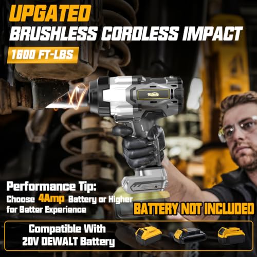 Cordless Impact Wrench 1/2" Compatible with Dewalt 20V Battery, 1600Ft-lbs(2200N.m) High Torque Impact Gun Heavy Duty, Brushless Electric Power Impact Driver with 4 Speed Modes & LED Work Light - size: 1/2" 2200NM Compatibe with Dewalt