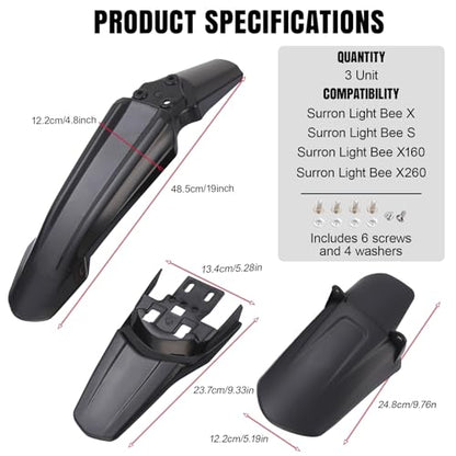 3PCS Surron Fender Kit - Front & Rear Mud Guards for Sur Ron Light Bee S/X, Segway X160/X260 Off‑Road Electric Motorcycle, Imitation Carbon Fiber Style - color: Black