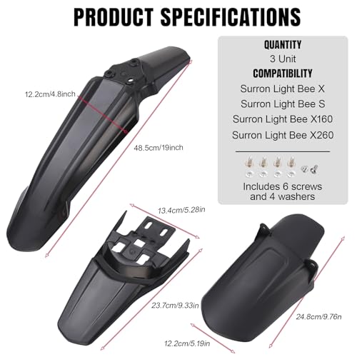 3PCS Surron Fender Kit - Front & Rear Mud Guards for Sur Ron Light Bee S/X, Segway X160/X260 Off‑Road Electric Motorcycle, Imitation Carbon Fiber Style - color: Black