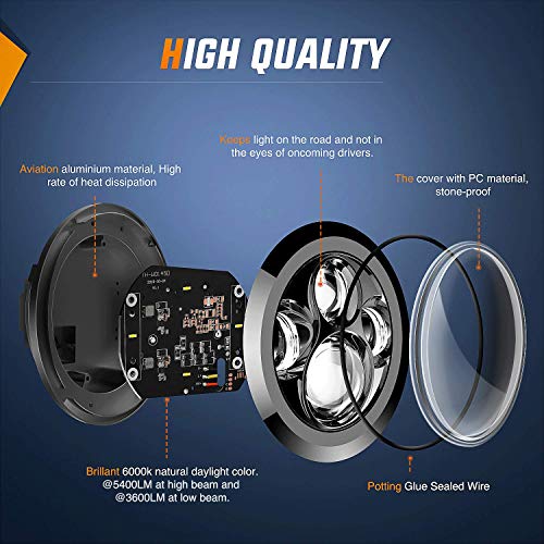 Nilight 2PCS 7 Inch Round Cree Headlight High Low Beam for Wrangler JK TJ CJ 1997-2017 Rubicon Sahara Hummber H1 H2 Motorbikes - color: JK Headlight White 2Pcs