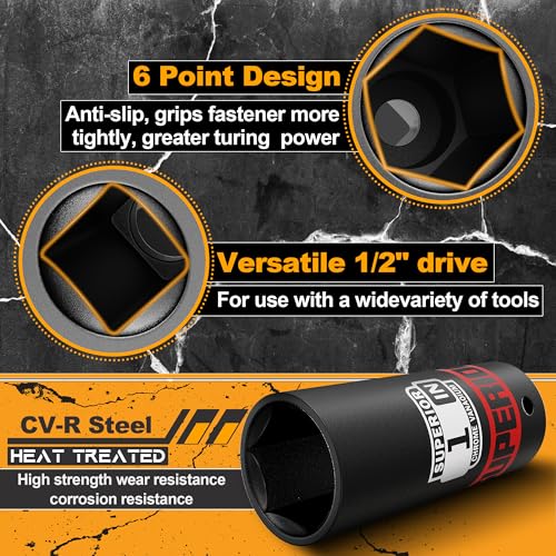 12 Piece 1/2" Drive Impact Socket Set, 3/8" - 1" Deep Socket, SAE, 6 points, CR-V Material, Cars, Motorcycles, Tire Changes - size: 1/2" Deep SAE