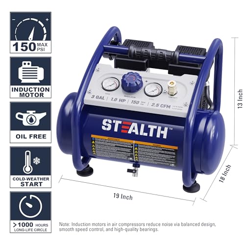 STEALTH Air Compressor 3 Gallon, Quiet Air Compressor, Oil-Free Air Tool, for Tire Inflator, Auto Repair, Woodwork Nailing (SAQ-1301) - style: SAQ-1301-FBA