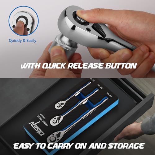 DISEN 3-Piece Standard Ratchet Set – 1/4", 3/8", 1/2" Drive with EVA Storage Tray | 100-Tooth Ratchet, Non-Slip Grip, Quick Release Button | Reversible Design with 3.6° Swing for Tight Spaces - color: 100t Standard Ratchet Set