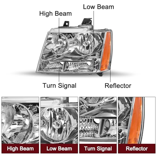 JSBOYAT Headlight with Bulbs Fit 2007-2014 Chevy Tahoe Suburban Avalanche - color: Chrome Housing with Amber Reflector, size: w/ 9005&H11 Bulbs