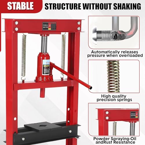 12 Ton Hydraulic Shop Press, Heavy-Duty H-Frame Garage Floor Press with Stamping Plates, Adjustable Height Bearing Press for Metal Straightening, Bending, Parts Pressing & Automotive Repair