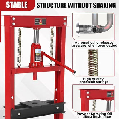 12 Ton Hydraulic Shop Press, Heavy-Duty H-Frame Garage Floor Press with Stamping Plates, Adjustable Height Bearing Press for Metal Straightening, Bending, Parts Pressing & Automotive Repair