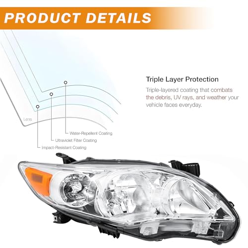 Headlights Assembly Compatible with 2011 2012 2013 Toyota Corolla - color: Chrome Headlight