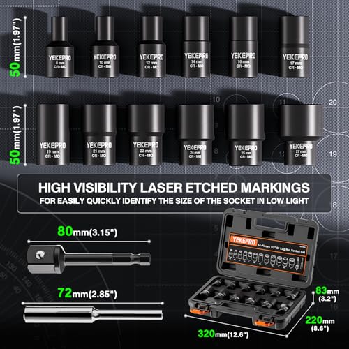 14Pcs 1/2" Drive Lug Nut Removal Tool, Impact Twist Extractor Set - size: 14-Piece Twist Socket Set