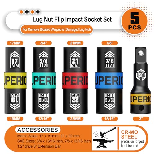 1/2" Drive Lug Nut Impact Socket Set, 5 Pcs Impact Sockets, Flip Socket Set, Thin Wall Nut Sockets with 3" Extension Bar, Remove Bloated Warped, Damaged Lug Nuts - size: 5PCS Metric&SAE