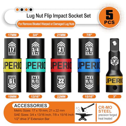 1/2" Drive Lug Nut Impact Socket Set, 5 Pcs Impact Sockets, Flip Socket Set, Thin Wall Nut Sockets with 3" Extension Bar, Remove Bloated Warped, Damaged Lug Nuts - size: 5PCS Metric&SAE