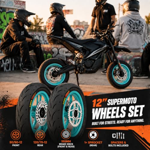 12 Inch Supermoto Wheels Set: 90/90-12 Front & 120/70-12 Rear Pit Bike Mag Wheels with Rotor & Sprocket, Fits Yozma IN10 IN10Pro Heybike Tuttio Soleil01 Mototec VALTINSU EM5 Razor MX350 MX650