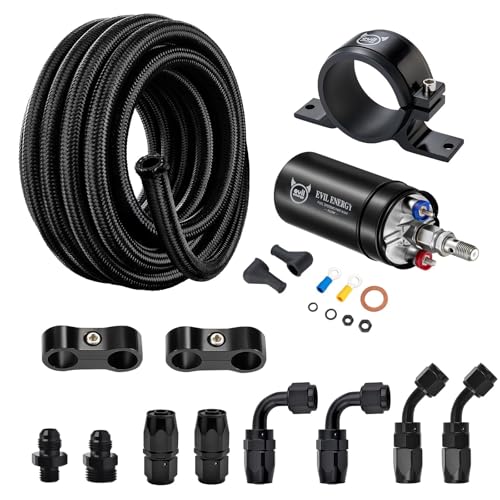 EVIL ENERGY External Inline Fuel Pump Kit, 300 LPH High-Flow Electric Pump for 12V DC EFI Systems with 10FT 6AN Fuel Line Kit & Aluminum Fittings