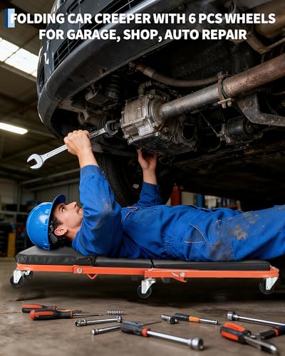 2-in-1 Z-Frame Mechanic Creeper Seat - Folding Heavy Duty Garage Roller, 6 Swivel Wheels, 330 lbs Capacity, Quick Convertible Under Car Crawler for Workshop Repair, Black + Orange