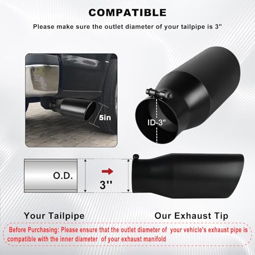 Mupera Universal 3 Inch Inlet Exhaust Tip, 5" Outlet, 12" Long - size: 3" Inlet 5" Outlet 12" Length Black