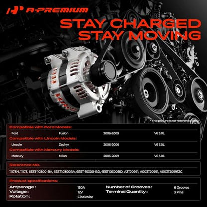 A-Premium Alternator, 12V 150A 6-Groove Pulley Clockwise